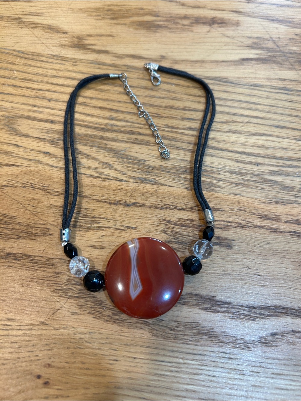 Round Red Agate Pendant Necklace with Black Cord